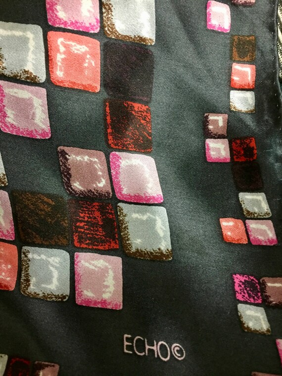 Vintage  Silk Scarf Black, Pink, Gray, and Red Ch… - image 3