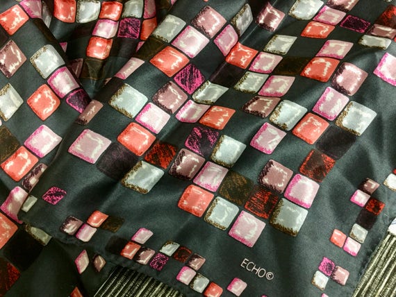 Vintage  Silk Scarf Black, Pink, Gray, and Red Ch… - image 4