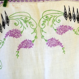 Vintage Hand Embroidered Table Runner White with Purple Flowers Purple Lace Border Vintage Linens image 1