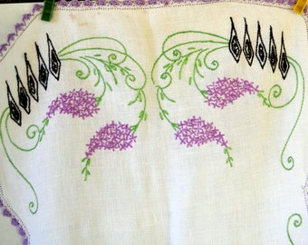 Vintage Hand Embroidered Table Runner White with Purple Flowers Purple Lace Border Vintage Linens