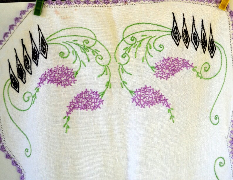 Vintage Hand Embroidered Table Runner White with Purple Flowers Purple Lace Border Vintage Linens image 1