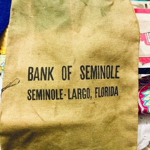 Borsa per soldi con coulisse in tessuto vintage Banca di Seminole....Seminole-Largo, Florida.... Borsa per soldi bancari