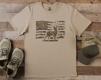 Deer Hunting Camouflage American Flag Shirt,  Hunting Season, Deer Hunter Gift, Hunting Dad Tee, Buck Hunter, Cool Hunting Shirt, Deer Shirt