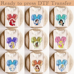 Princesas de Disney listas para imprimir, transferencia de calor de Disney, Rapunzel DTF, Moana DTF, Tiana DTF, Cenicienta DTF, Aurora DTF, transferencia de niña o mujer de Disney