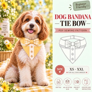 May include: A PDF sewing pattern for a dog bandana with a tie bow. The design features a yellow fabric bandana with a white and yellow checkered bow, white lace trim, and three brown buttons. Text includes Beginner Friendly, DOG BANDANA TIE BOW, PDF SEWING PATTERN, and SIZE XS - XXL.