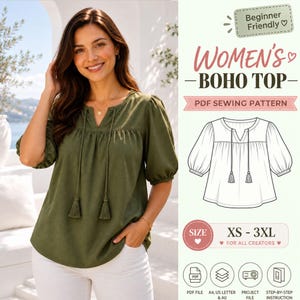May include: A PDF sewing pattern for a women's boho top featuring a V-neckline with tassel ties and puff sleeves. The image includes a line drawing of the top, text reading "Beginner Friendly," "Women's Boho Top," and size range "XS - 3XL."