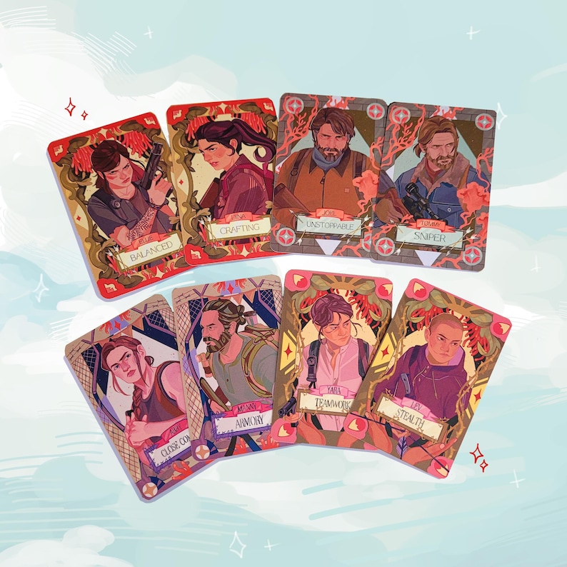 May include: Seven illustrated trading cards with character portraits and titles such as "Balanced," "Crafting," and "Unstoppable." Each card has a unique design with floral borders in red and gold. The cards are set against a light blue background.
