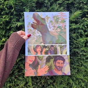May include: A comic book-style print featuring a green and brown dinosaur in a forest setting. Below, a three-panel illustration depicts two people in a forest. The artwork has a vibrant color palette and a detailed style, perfect for fans of comics and art.