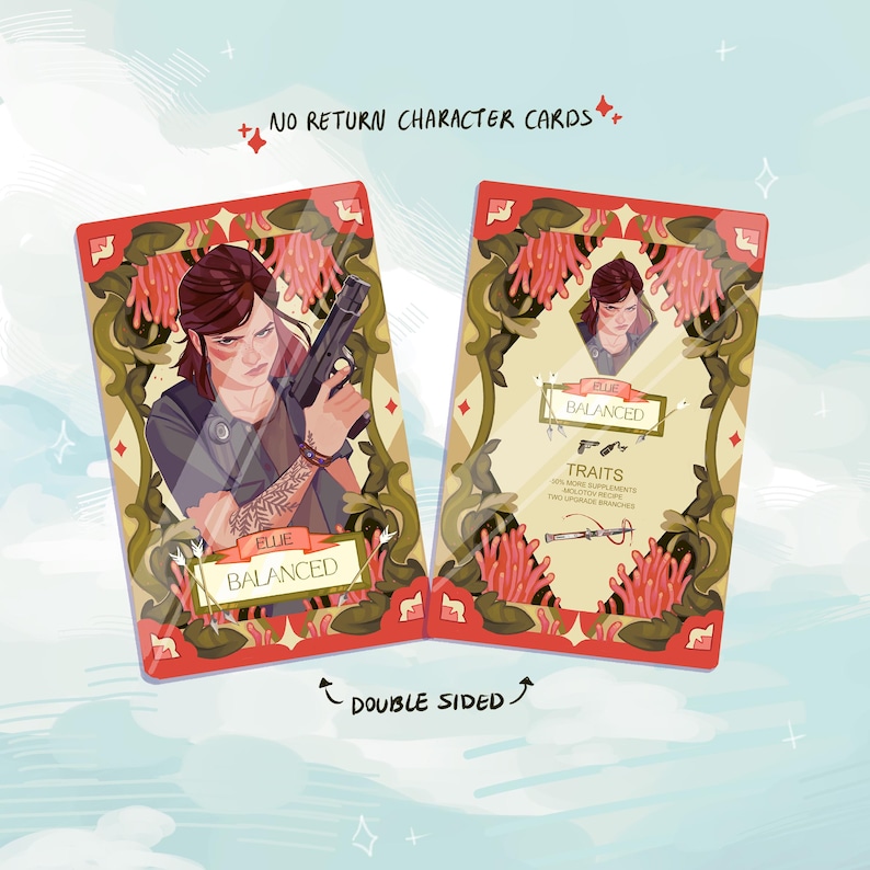 May include: Double-sided character cards featuring a woman with a gun, labelled "Ellie" and "Balanced." The cards have a red border with floral and coral-like designs. Text on the cards reads "No Return Character Cards" and "Double Sided."