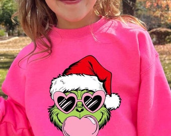 Grinch Bubble Gum Hoodie, Funny Christmas Sweatshirt, Xmas Gift, Grinch with Sunglasses, Santa Youth Sweatshirt, Blowing Bubble Hoodie