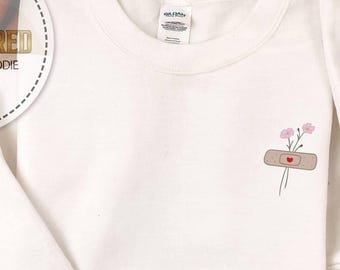 Embroidery Floral Heart Bandage Sweatshirt, Valentines Day Embroidered Hoodie, Love Embroidered Sweatshirt, Embroidery Lover Sweatshirt