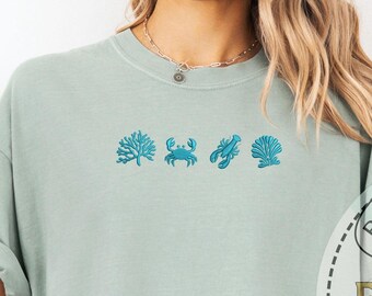 Embroidered Coastal Marine Tee, Ocean Creatures Design, Comfort Colors Shirt, Coastal Sea Life, Coral Crab Lobster Tee, Summer Vibes