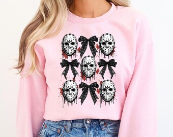 Halloween Skull Sweatshirt, Horror Skull Hoodie, Skeleton Sweatshirt, Halloween Gift, Coquette Bow, Halloween Party,Spooky Season Sweatshirt