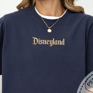 Pu&ograve; includere: Felpa blu navy girocollo con la scritta "Disneyland" ricamata in oro sul petto. La felpa ha maniche corte e una maglietta bianca &egrave; visibile allo scollo. Si indossa una collana d'oro con un ciondolo.