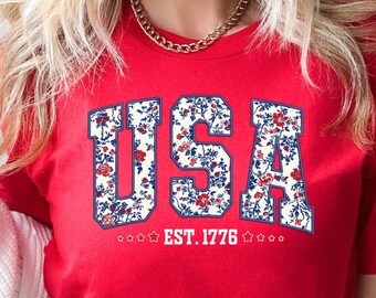 Est 1776 Tshirt, USA Tee, American Shirt, Land of Free Tee, Floral America Tshirt, Patriotic Tee, Red White Blue, Independence Day