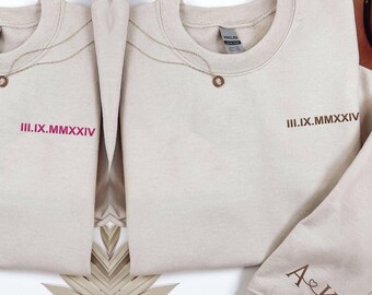 Custom Lovers Matching Embroidered Sweatshirt, Roman Numeral Date Hoodie, Embroidery Initials Sleeve Sweatshirt, Valentine Couple Sweatshirt
