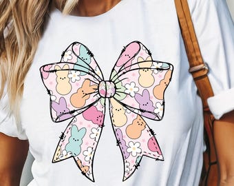 Peeps Easter Shirt, Cute Spring Tee, Easter Bunny Tshirt, Coquette Bow Tee, Faux Glitter, Happy Easter Shirt, Easter Day Tshirt, Ribbon Tee
