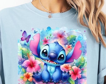Floral Stitch Tshirt, Comfort Colors Shirt, Disney Stitch Tee, Cute Stitch Gift, Birthday Stitch Tee, Ohana Shirt, Hawaii Hibiscus Shirt