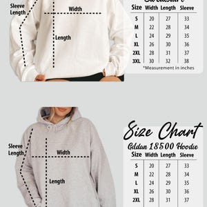 May include: Size charts for a heavy blended crewneck sweatshirt and a Gildan 18500 hoodie. The sweatshirt size chart shows measurements in inches for width, length, and sleeve length. The hoodie chart also provides measurements in inches.