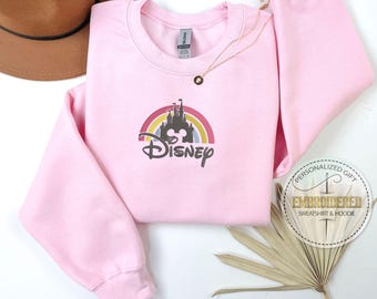 Embroidery Disney Sweatshirt, Disney Castle Hoodie, Mickey Head Sweatshirt, Rainbow Disneyland Hoodie, Disney World, Water Color Castle