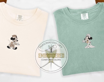 Embroidery Mickey Groom Tee, Minnie Bride Tshirt, Disney Wedding, Honeymoon Trip, Bachelorette Party, Bridal Tee, Comfort Colors Tshirt