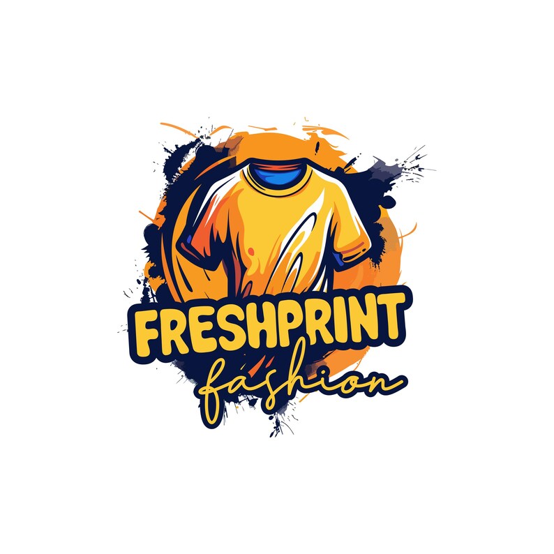 May include: A graphic logo featuring a yellow t-shirt design with a blue collar, set against a backdrop of orange and blue paint splatters. The text "FRESHPRINT fashion" is displayed in a bold, stylized font.