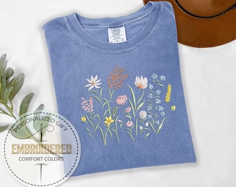 Embroidery Flowers Shirt, Botanical Tee, Floral Tshirt, Wildflowers Tee, Gift For Gardener, Comfort Colors Tshirt, Embroidered Garden Lover
