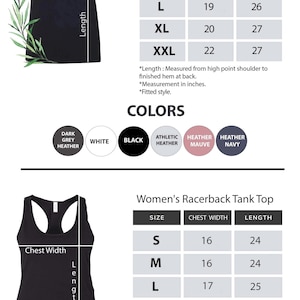 May include: Size chart for women's V-neck t-shirts and racerback tank tops. The chart shows sizes, chest measurements, and lengths in inches. Available colors include dark grey heather, white, black, athletic heather, heather mauve, and heather navy.