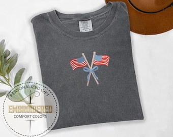 Embroidery America Shirt, July 4th Shirt, USA Flag Tee, Independence Day, Red White Blue, Memorial Day, Comfort Colors, Embroidered Tee