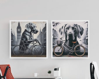 Grå stad och grå weimaraner - Digitalt affischset med gatukonst - Nedladdningsbar väggkonst, digital bild, gatukonststil