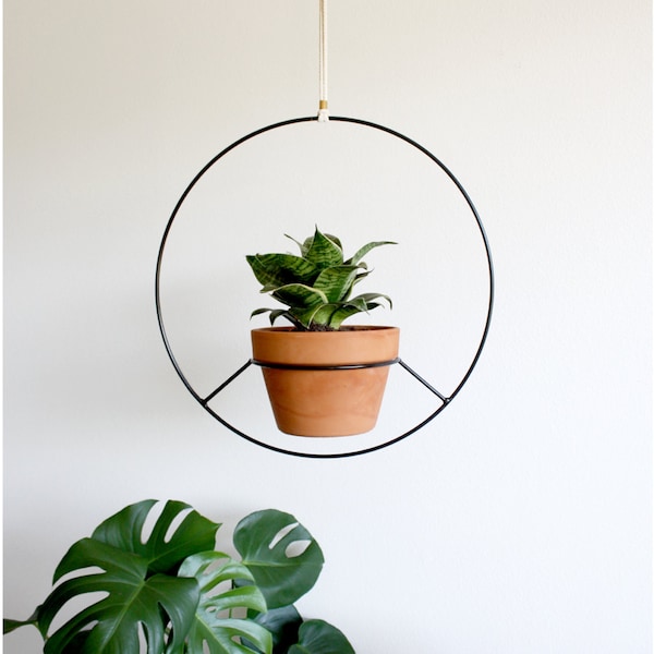 Handmade in Los Angeles - Black Metal Hanging Planter, Metal Plant Hanger, Modern Round Mid Century Plant Holder, Minimalist Boho Home