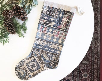 Printed Velvet Christmas Stocking - Blue and Beige Antique Rug custom printed fabric front, washed 100% linen back, Handmade in Los Angeles