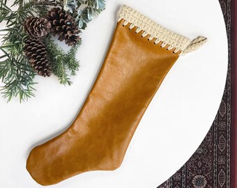 Honey Light Brown Leather Christmas stocking with Cream crochet wool trim