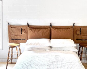 The Scout Storage Headboard in Camel Brown 100% Waxed Cotton & Leather, Vintage Military Camping, King, Cal King, Queen, Double