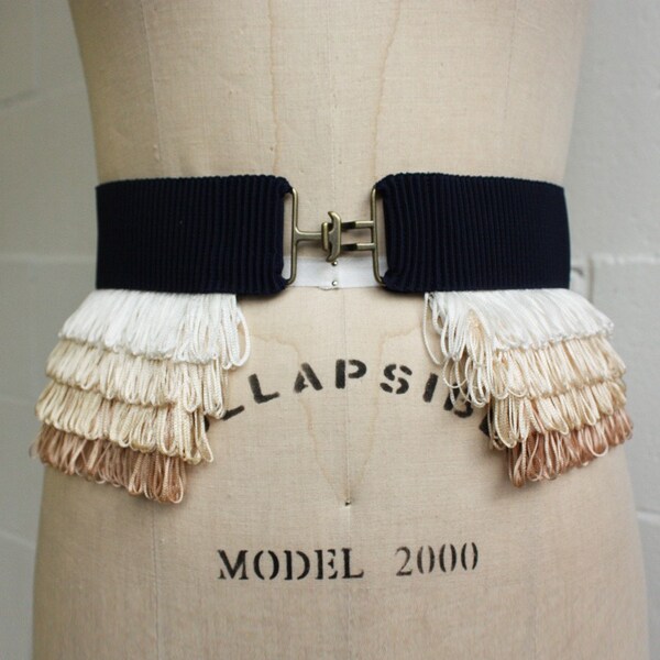 Elastic Belt with Fringe - Cream and Navy - LAST ONE - Small