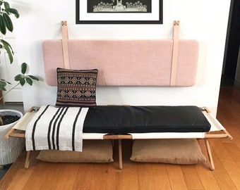 Hanging Headboard or Backrest Cushion with Leather Straps ing Blush Pink Performance Linen - Multiple Sizes and Custom Sizes available