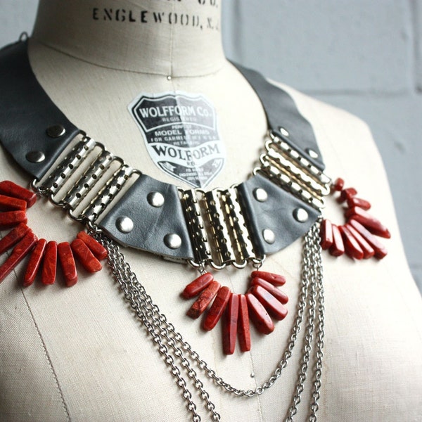 Battle Necklace - Grey Leather and Coral