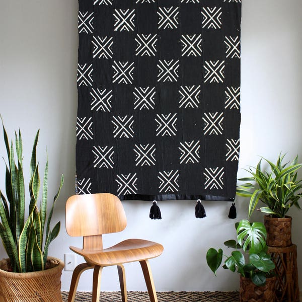 Large X 1 - Black Mudcloth African Wall Hanging, Mud Cloth Large Wallhanging, Pom Pom Throw Blanket, Tassel Tapestry, Bohemian Home Decor