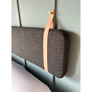 Charcoal Gray Headboard Backrest or Banquette Cushion with Leather Straps available in Custom Sizes or King, Cal King, Queen, Double, Single Natural w/ Gold