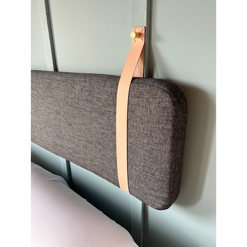 Charcoal Gray Headboard Backrest or Banquette Cushion with Leather Straps available in Custom Sizes or King, Cal King, Queen, Double, Single Natural w/ Gold