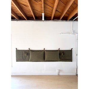 The Scout Headboard with Pockets in Olive Green 100% Waxed Cotton & Leather, Vintage Military Camping, King, Cal King, Queen, Full image 3