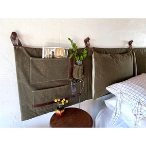 The Scout Headboard with Pockets in Olive Green 100% Waxed Cotton & Leather, Vintage Military Camping, King, Cal King, Queen, Full image 5