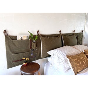 The Scout Headboard with Pockets in Olive Green 100% Waxed Cotton & Leather, Vintage Military Camping, King, Cal King, Queen, Full image 4