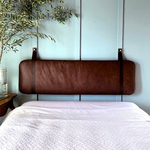 Cognac Brown Leather Headboard or Seating Backrest Cushion with Leather Straps in King, Cal King, Queen, Double or Single, Custom Available