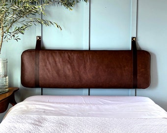 Cognac Brown Leather Headboard or Seating Backrest Cushion with Leather Straps in King, Cal King, Queen, Double or Single, Custom Available