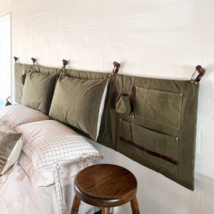 The Scout Headboard with Pockets in Olive Green 100% Waxed Cotton & Leather, Vintage Military Camping, King, Cal King, Queen, Full image 9