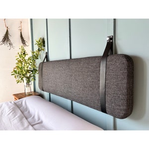 Charcoal Gray Headboard Backrest or Banquette Cushion with Leather Straps available in Custom Sizes or King, Cal King, Queen, Double, Single Black w/ Silver