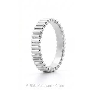 Side view of a 4mm PT950 platinum band ring with ribbed texture, showing consistent width and polished finish