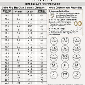 May include: A ring size and fit reference guide from HELIOR. The chart includes global ring size conversions, internal diameters in millimeters, and instructions for measuring ring size. Includes US, UK, and EU sizes.
