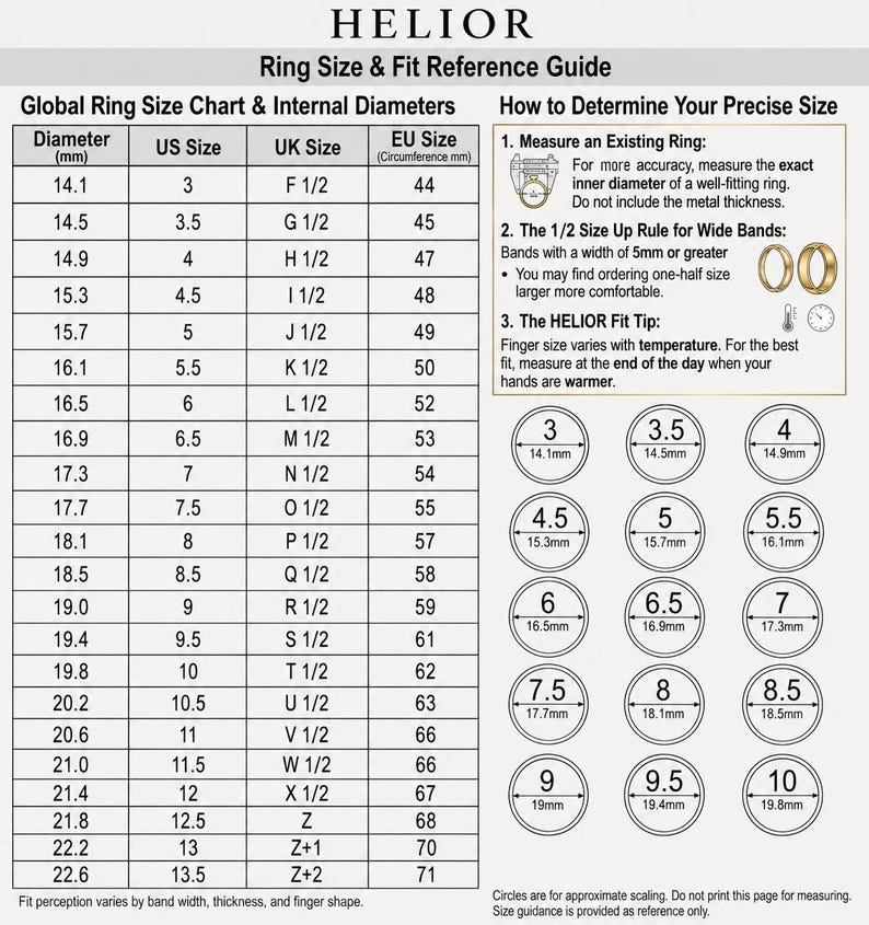 May include: A ring size and fit reference guide from HELIOR. The chart includes global ring size conversions, internal diameters in millimeters, and instructions for measuring ring size. Includes US, UK, and EU sizes.